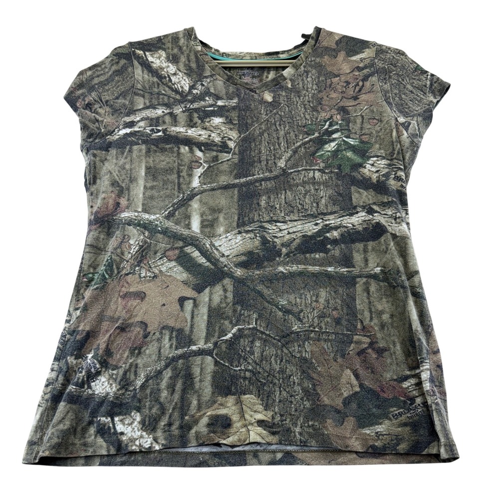 Mossy Oak T-Shirt Girls L 12-14 Brown Break-Up Infinity Camo V-Neck Short Sleeve